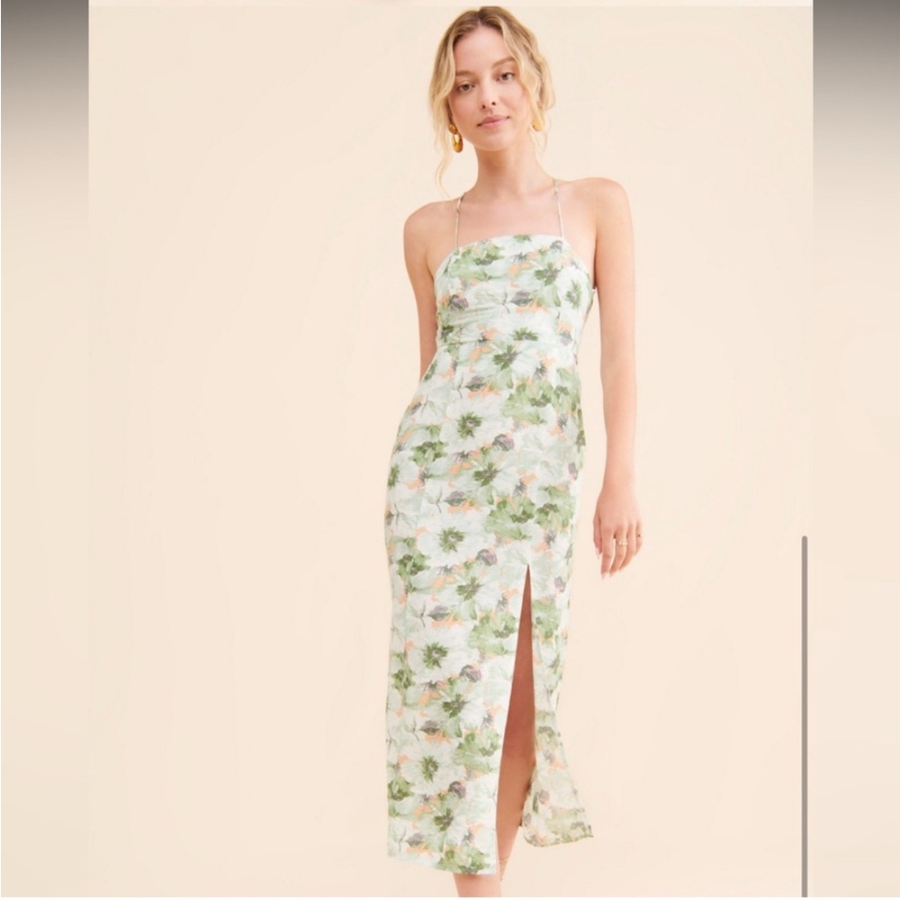 En Saison Square Neck Green and White Floral Midi Dress